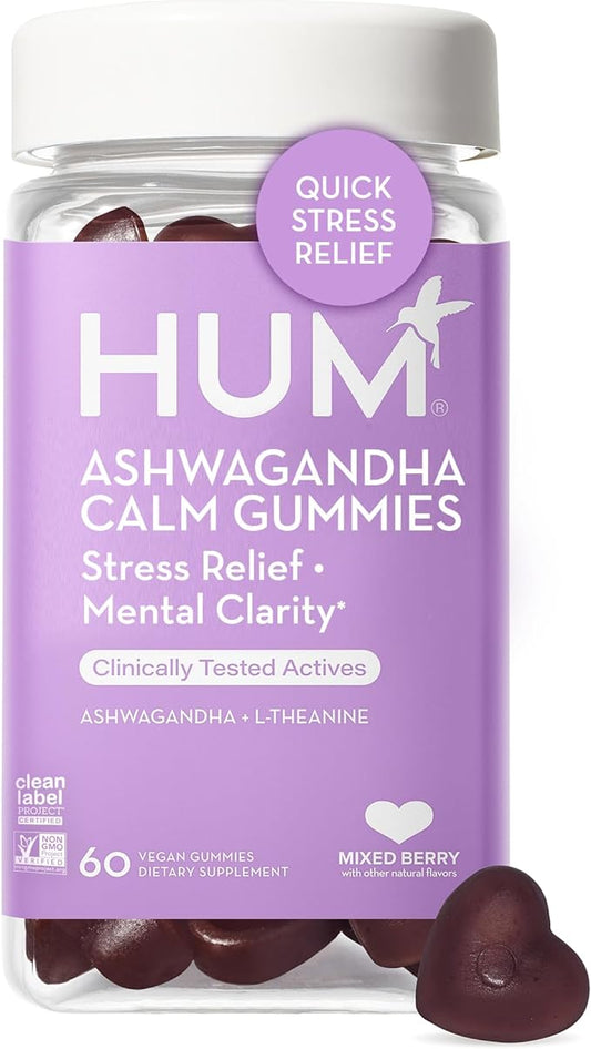 HUM Ashwagandha Calm- L-Theanine & Ashwagandha for Daily Relaxation & Mood Support - Mixed Berry Flavor (60-Count)