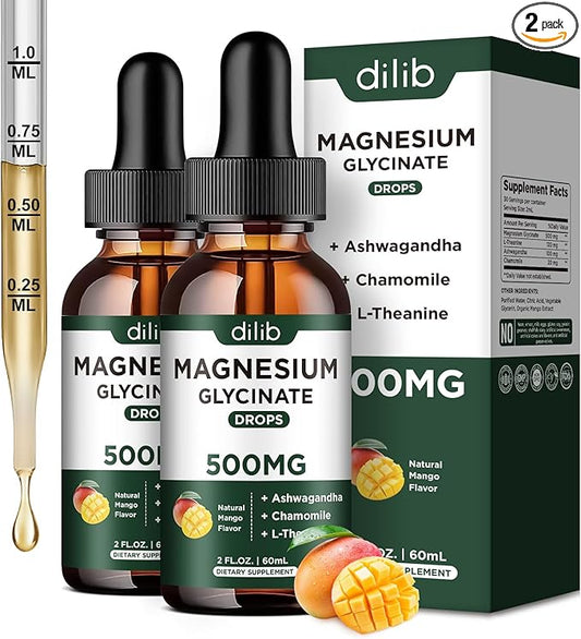 Magnesium Glycinate Supplement, Magnesium Liquid Drops with Magnesium Glycinate 500mg Ashwagandha, L - Theanine, Chamomile -Support Stress Relief, Bone, Muscle, Mood Vegan Natural Mango Flavor 2 Pack