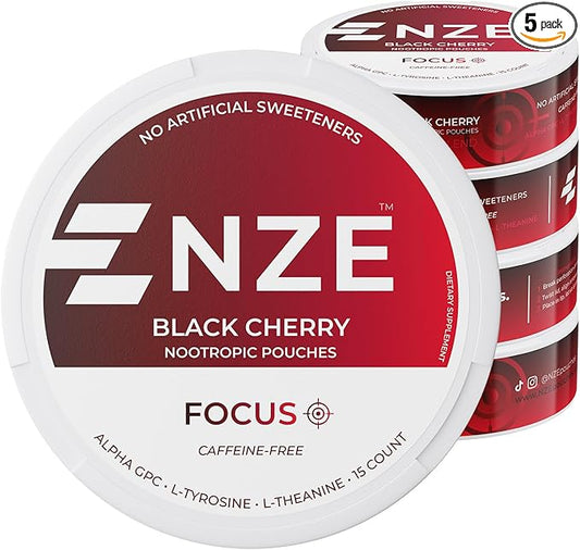 NZE Caffeine Free Nootropic Pouches (Black Cherry) - Nootropic Pouches with Alpha GPC, L-Tyrosine & L-Theanine - No Sugar or Artificial Sweeteners - 15 Nicotine Free Pouches Per Can - 5 Pack