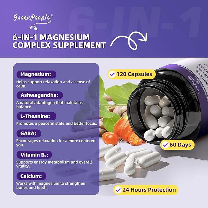 Magnesium Glycinate & Ashwagandha Supplement Capsules - Sugar Free Magnesium Capsules with L-Theanine 150mg/GABA 88mg/Calcium 68mg 120 CT