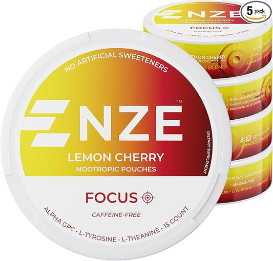 NZE Caffeine Free Nootropic Pouches (Lemon Cherry) - Nootropic Pouches with Alpha GPC, L-Tyrosine & L-Theanine - No Sugar or Artificial Sweeteners - 15 Nicotine Free Pouches Per Can - 5 Pack