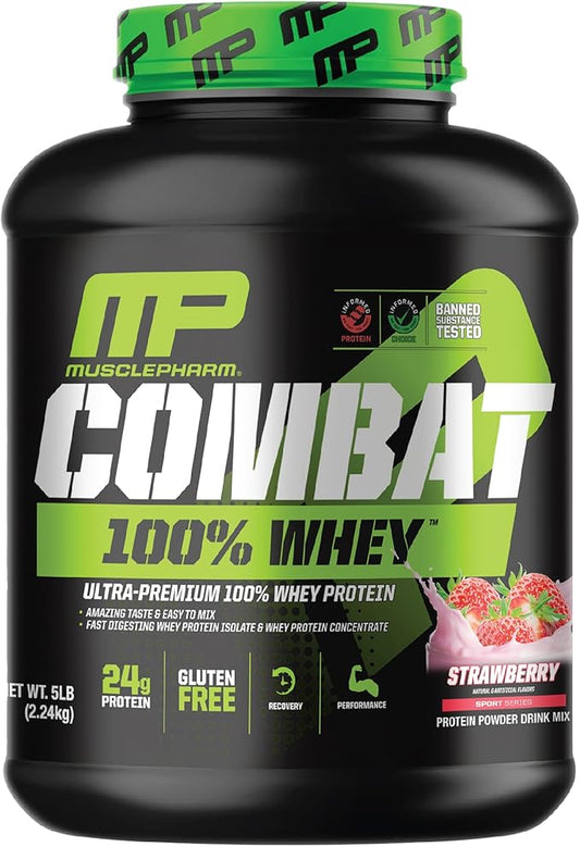 MusclePharm Combat 100% Whey Protein Powder, Strawberry Cream Flavor, Fast Recovery & Muscle Gain with Whey Protein Isolate, High Protein Powder for Women & Men, Gluten Free, 5 lb, 70 Servings