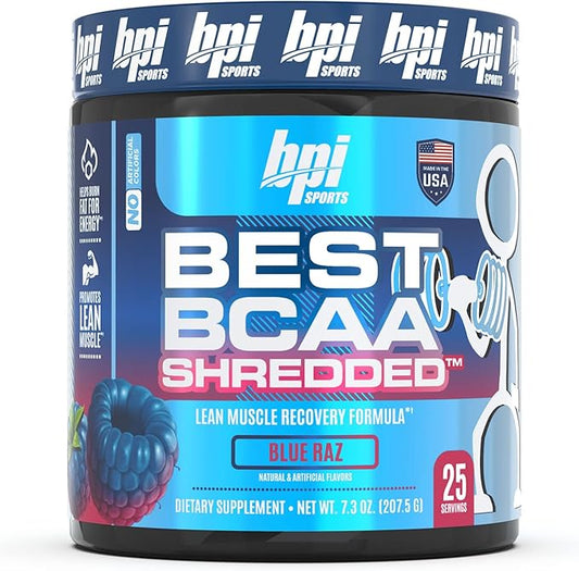 BPI Sports Best BCAA Shredded Caffeine-Free Thermogenic Recovery Formula BCAA Powder Lean Muscle Building Accelerated Recovery - Hydration - Blue Raspberry- 25 Servings - 9.7 Ounce