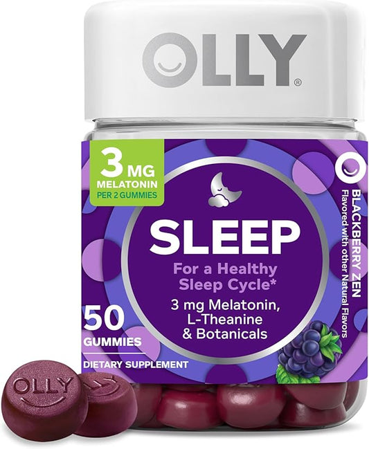 OLLY Sleep Gummy, 3 mg Melatonin, L-Theanine, Chamomile, Lemon Balm, Sleep Aid, Blackberry, 50 Count (Packaging May Vary)