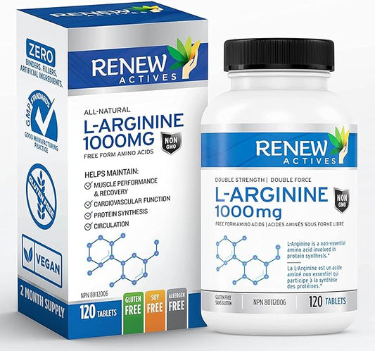 Renew Actives L-Arginine Supplement 1000MG for Serving - Strength & Endurance, Essential for Protein Synthesis & Muscle Function, Physical Performance Booster - Made in Canada - 120 Tablets