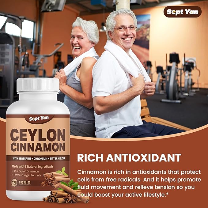 Ceylon Cinnamon Capsules 1200mg Cinnamon Bark Supplements with Chromium, Berberine HCL & Turmeric, Vegan, 120 Capsules, Energy, Metabolism, Heart & Immune Support