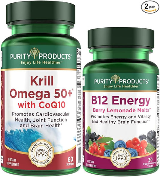 Purity Products Bundle - Krill Omega 50+ with CoQ10 + B-12 Energy Melt - Krill Omega 50+ with CoQ10 (Krill Oil, Fish Oil, CoQ10, Vitamin D) B-12 Berry Melt (Methylcobalamin B12 + B6 + D3 + More)