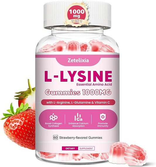 7-in-1 L-Lysine Gummies 1000mg, Lysine Gummies for Adults & Kids, Essential Amino Acid with L-Arginine, L-Glutamine, Vitamin for Lip & Skin, Immune, Calcium Absorption, Strawberry Flavor, 60Ct