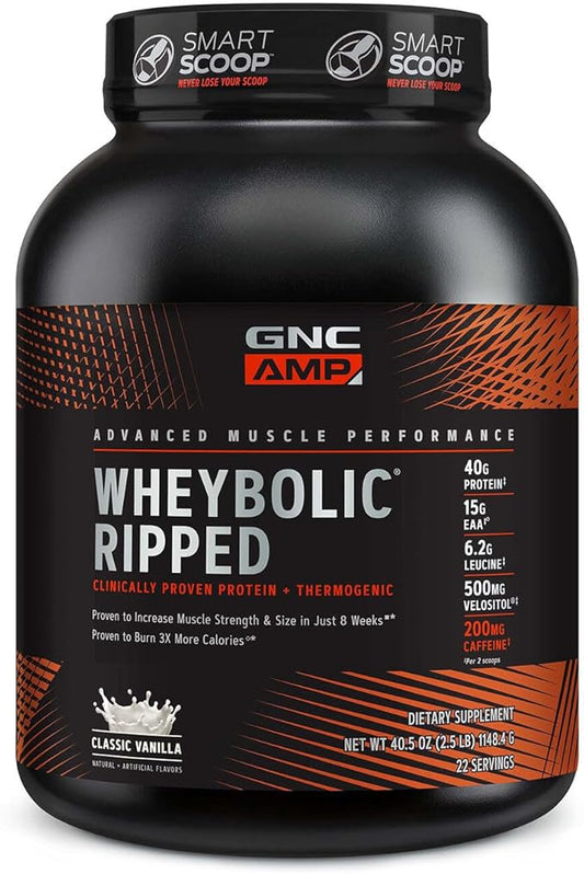 GNC AMP Wheybolic Ripped Protein Powder & Thermogenic Protein Supplement, Muscle Strength & Size, Energy & Endurance, 40g Protein, 6.2g Leucine, 15g EAA, Caffeine, Classic Vanilla, 22 Servings