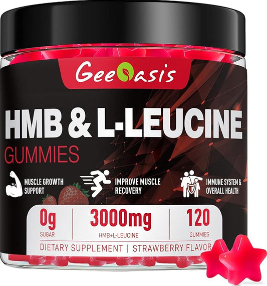 HMB and L-Leucine Gummies, Chewable HMB Amino Acid and Leucine Supplement for Men & Women, Muscle Health & Growth, Immune Support & Overall Health, Vegan Strawberry Flavor, 120 Count