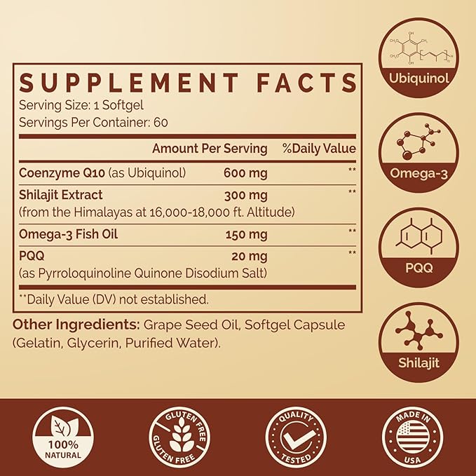 Ubiquinol CoQ10 600 MG Softgels with Omega-3 & Shilajit & PQQ, Advanced Dual-Delivery Coenzyme-Q10, Active CoQ10 Ubiquinol Supplement for Fertility, Antioxidant, Heart, Brain & Energy, 120 Servings