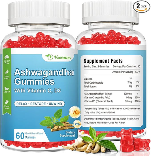 2 Pack Ashwagandha Gummies & Vitamin D Gummies for Women & Men - with Vitamin C for Support Calm Mood, Relaxation & Immune, 120 Mixed Berry Gummies