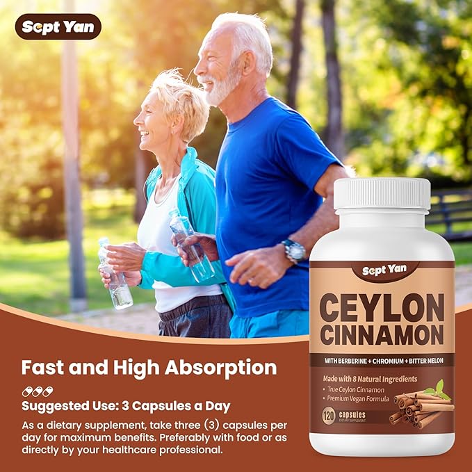 Ceylon Cinnamon Capsules 1200mg Cinnamon Bark Supplements with Chromium, Berberine HCL & Turmeric, Vegan, 120 Capsules, Energy, Metabolism, Heart & Immune Support