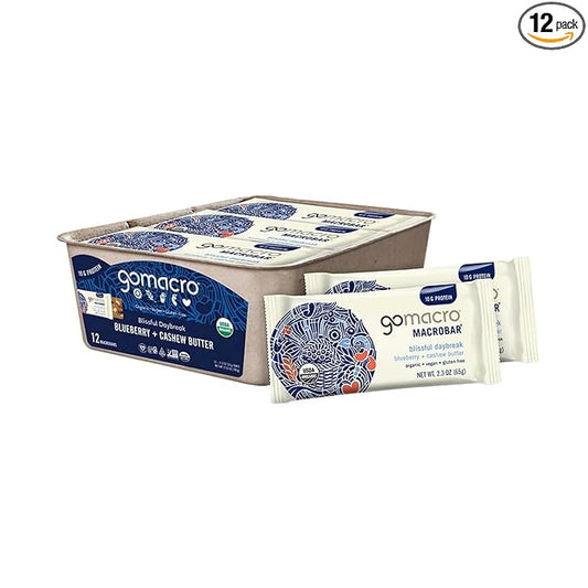 GoMacro Macrobar Organic Vegan Protein Bars - Blueberry + Cashew Butter (2.3 Ounce Bars (Pack of 12)