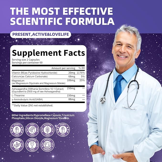 Magnesium Glycinate & Ashwagandha Supplement Capsules - Sugar Free Magnesium Capsules with L-Theanine 150mg/GABA 88mg/Calcium 68mg 120 CT
