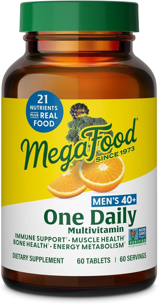 MegaFood Men's 40+ One Daily Multivitamin for Men with Vitamin B, Vitamin D3, Selenium, Zinc & Real Food - Immune Support, Energy Metabolism, and Muscle & Bone Health – Non GMO; Vegetarian - 60 Tabs
