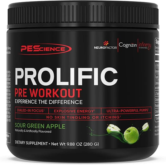 PEScience Prolific Energy Pre Workout – L Citrulline for Nitric Oxide, Rhodiola & CDP Choline Nootropic for Focus – Preworkout for Men & Women – 40 Scoops, Sour Green Apple