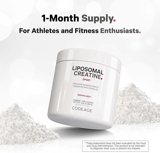 Codeage Liposomal Creatine Powder Supplement, Pure Creatine Monohydrate 5000mg, Pre Workout & Post Workouts - Unflavored Creatine, Micronized Creatine Powder - Creatinine for Sports - 30 Servings