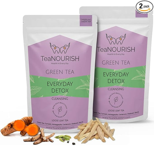 TeaNOURISH Everyday Detox Green Tea | Darjeeling Loose Leaf | 100% Natural Turmeric, Ashwagandha, Cardamom, Shatavari, Stevia | 50 Cups Hot Tea or Iced Tea - 3.53oz/100g (Pack of 2)