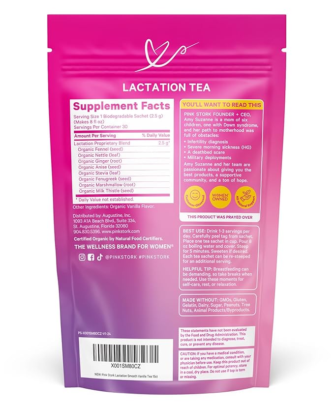 Pink Stork Organic Lactation Support Tea for Breast Milk Supply - Fenugreek, Milk Thistle, + Fennel - Breastfeeding Essentials, Caffeine-Free - Hot or Iced - 15 Sachets, Smooth Vanilla
