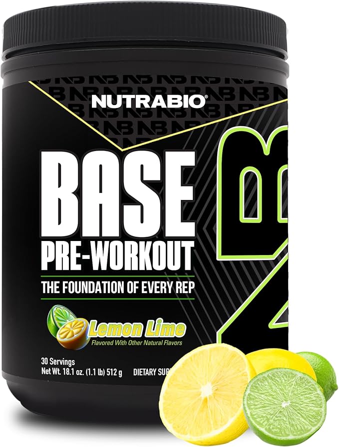NutraBio Base Pre-Workout Powder 200mg Caffiene, Sustained Energy, Focus, Endurance, Pump, Sugar Free, Clean Preworkout for Men and Women - Beta Alanine, L-Tyrosine, 30 Servings - Lemon Lime