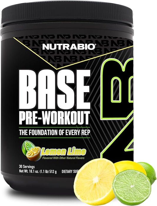 NutraBio Base Pre-Workout Powder 200mg Caffiene, Sustained Energy, Focus, Endurance, Pump, Sugar Free, Clean Preworkout for Men and Women - Beta Alanine, L-Tyrosine, 30 Servings - Lemon Lime