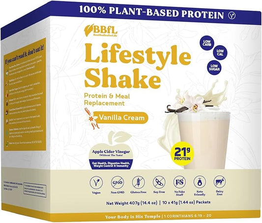 Meal Replacement Shakes, 21g Protein, Vegan Plant Based Protein Powder, Apple Cider Vinegar, ﻿Digestive Enzymes, All in One Shake for Women & Men (10 Servings, Vanilla Cream)