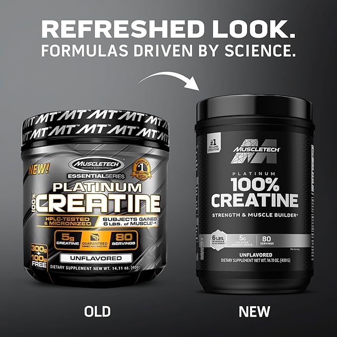 Creatine Monohydrate Powder MuscleTech Platinum Pure Micronized Muscle Recovery + Builder for Men & Women Workout Supplements Unflavored (80 Servings)