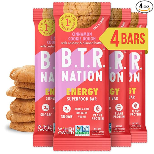 B.T.R. Nation Superfood Keto Protein Bars - Cinnamon Cookie Dough ENERGY | (4 Pack) | Plant Based Vegan Protein, Low Carb Food, Low Calorie, Gluten Free, No Sugar Alcohols, Boosted with Superfoods