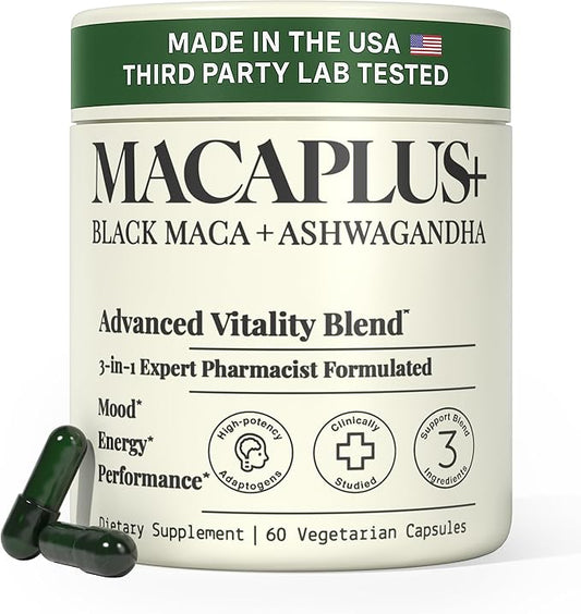 MACAPLUS+ 40,000mg 40x Strength Organic Black Maca Root + Ashwagandha + Fenugreek - #1 Highest Potency Black Maca Root Capsules for Men and Women Supplement 100% Pure Maca Peruana 40:1 Powder Pills
