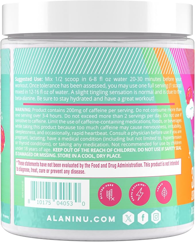 Alani Nu Pre Workout Powder Sherbet Swirl, Amino Energy Boost, Endurance Supplement, Sugar Free, 200mg Caffeine, L-Theanine, Beta-Alanine, L-Citrulline, 30 Servings