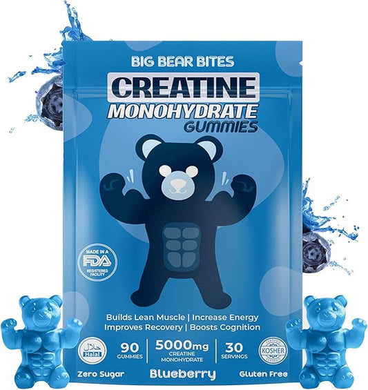 Creatine Monohydrate Gummies for Men & Women | 5000mg of Creatine Gummies per Serving | Sugar Free Gummies, Gluten Free & Halal | Pack of 90 Pre Workout Gummies | Blueberry Flavor