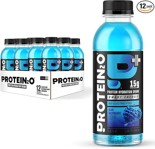Protein2o 15g Whey Protein Isolate Hydration Drink Plus Energy & Focus, 350mg of Electrolytes, 125mg of Caffeine, Sugar Free, Blue Raspberry, 16.9 oz Bottle (Pack of 12)