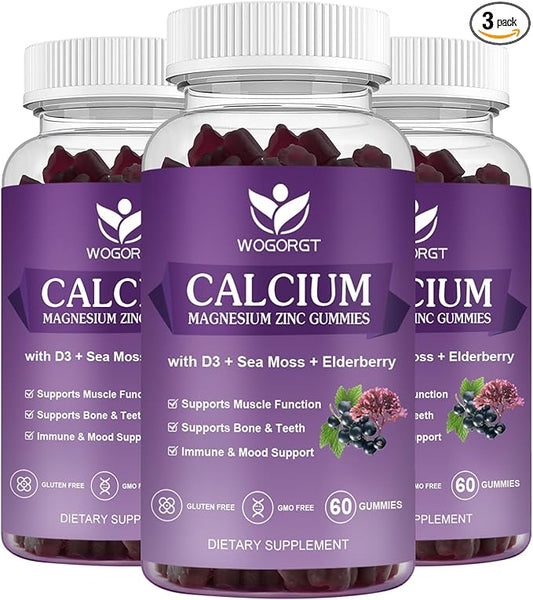 Calcium Magnesium Zinc Gummies with Vitamin D3 - High Absorption Complex Calcium Supplement with Sea Moss, Elderberry for Bone, Muscles, Immune, Mood & Sleep Support, Vegan - 60 Gummies (3 Pack)