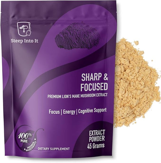 Organic Lions Mane Mushroom Supplement - Lions Mane Extract Powder for Mental Clarity, Focus and Cognitive Function (45g, 30 Servings) - Sharp & Focused