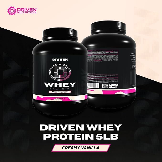 Driven WHEY- Grass Fed Whey Protein Powder: Delicious, Clean Protein Shake- Improve Muscle Recovery with 23 Grams of Protein with Added BCAA and Digestive Enzymes (5 lb, Creamy Vanilla)