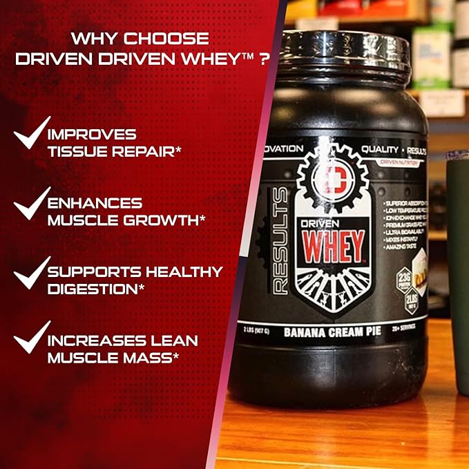 Driven WHEY- Grass Fed Whey Protein Powder: Delicious, Clean Protein Shake- Improve Muscle Recovery with 23 Grams of Protein with Added BCAA and Digestive Enzymes (2 lb, Banana Pie)