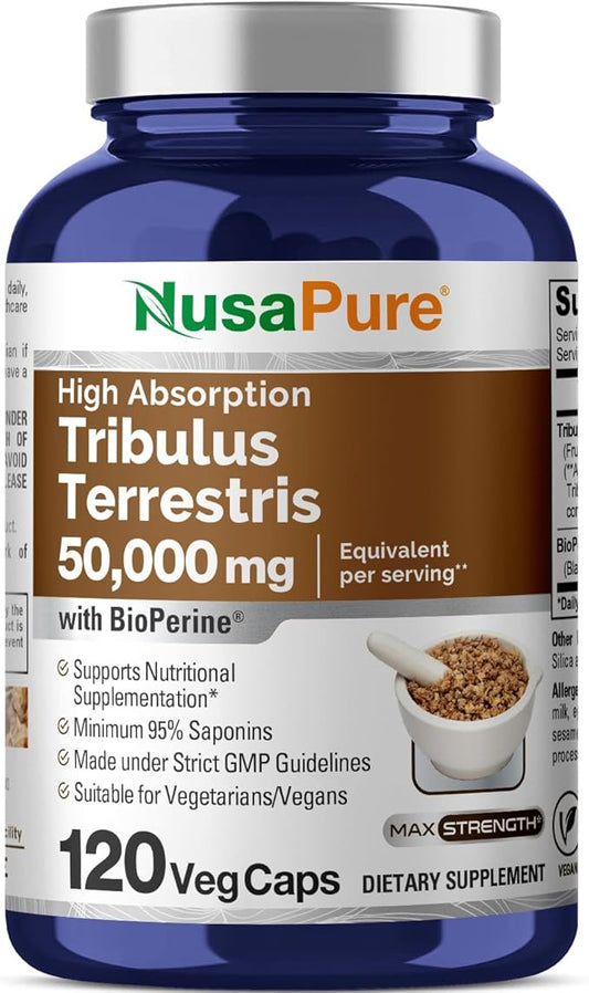 NusaPure Tribulus Terrestris 50:1 Extract, 1000 mg Equivalent to 50,000mg| 120 Veggie Caps | 95% Steroidal Saponins | Non-GMO, Bioperine