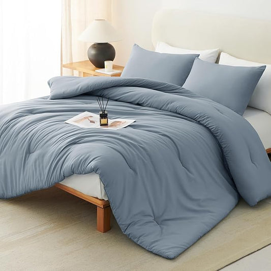 CozyLux Grayish Blue Comforter Set Full Size, 3 Pieces Solid Breathable Quilted Boho Style Bedding Sets, Luxury Fluffy Soft Microfiber Comforter for All Season(1 Comforter & 2 Pillowcases)