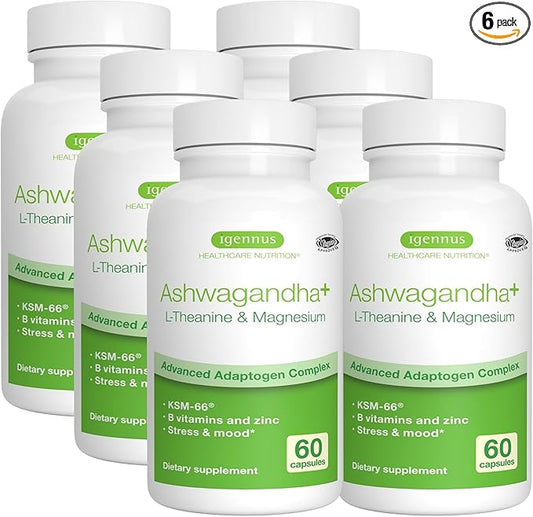Igennus High Strength Ashwagandha Stress Relief Complex, L-Theanine & Magnesium & KSM-66 Root Extract Adaptogens, Methylated B Vitamins, Calm & Sleep Support, Clean Label, 360 Vegan Capsules