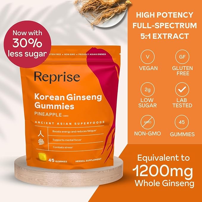 Ginseng Gummies for Adults | Korean Ginseng Supplement for Men and for Women | 240 mg Red Ginseng Gummy | Energy Gummies for Memory, and Immunity | Reduced Sugar Ginseng Chews, 45 Gummies (Pack of 3)