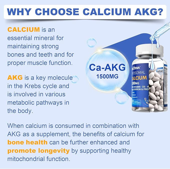 Liposomal Calcium AKG Supplement 1500mg with Vitamin D3 & K2 Softgels for Women & Men, (Made in USA) Calcium Supplements with Magnesium Glycinate, Boron, Probiotics & Vitamin C for Bone - 120 Pills