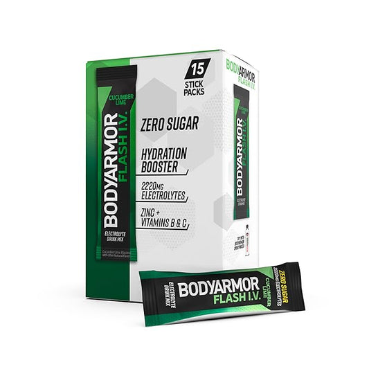 BODYARMOR Flash IV Electrolyte Packets, Cucumber Lime - Zero Sugar Drink Mix, Single Serve Packs, Coconut Water Powder, Hydration for Workout, Travel Essentials, Just Add Sticks to Liquid (15 Count)