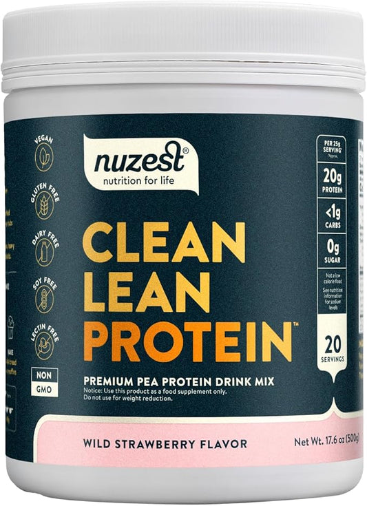 Nuzest - Pea Protein Powder - Clean Lean Protein, Premium Vegan Plant Based Protein Powder, Dairy Free, Gluten Free, GMO Free, Protein Shake, Wild Strawberry, 20 Servings, 1.1 lb