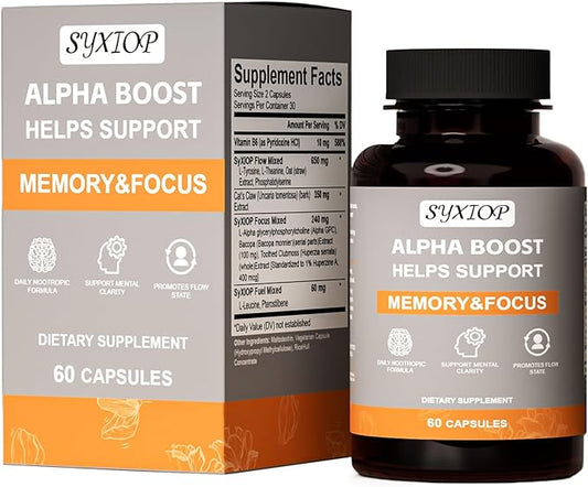 Alpha Boost Swallowable 60 Small Capsules Vitamin B6 L-Tyrosine L-Theanine Phosphatidylserine L-Alpha glycerylphosphorylcholine L-Leucine Enhance Brain Enhance Concentration Enhance Memory
