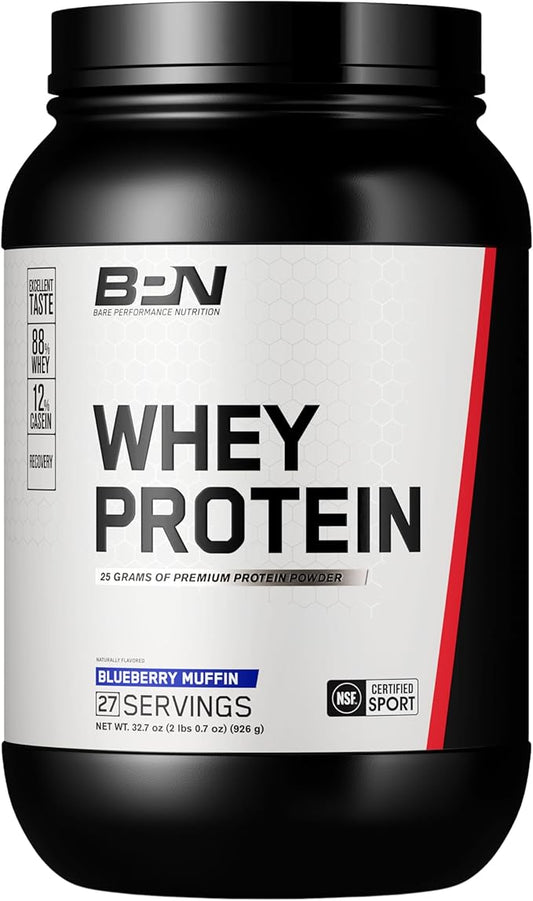 BARE PERFORMANCE NUTRITION, BPN Whey Protein + Casein Protein Powder Blend, Blueberry Muffin, 25g Protein per Serving Supports Lean Muscle Recovery, 27 Servings, Third Party Tested