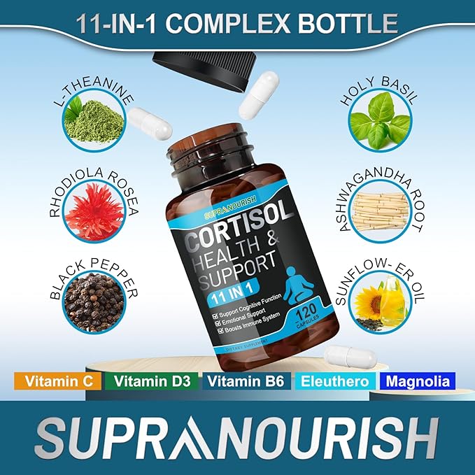 Cortisol Supplements for Women and Men, 11-in-1 Cortisol Manager,Cortisol Reducer with Ashwagandha, Rhodiola, L-Theanine, Hormone Balance, 120 Capsules (60-Day Supply)