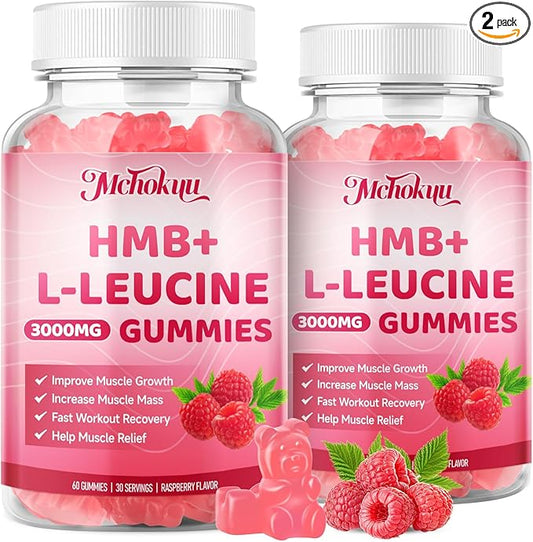 HMB and Leucine Gummies 3000mg, Leucine Amino Acid HMB Supplements for Men & Women for Muscle Growth, Muscle Relief and Workout Recovery, Sugar Free Vegan Non-GMO, Raspberry Flavor, 120 Count