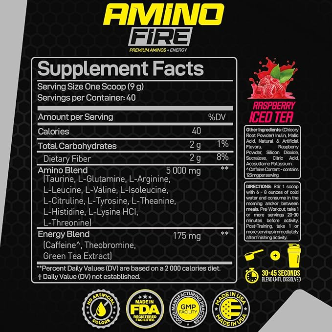 Forzagen Amino Fire | Essential Amino Energy Powder for Pre-Workout | BCAA Energy Boost & Muscle Recovery Drink Mix, Enhance Focus & Concentration, Dietary Supplement | Raspberry Ice Tea, 40 Servings