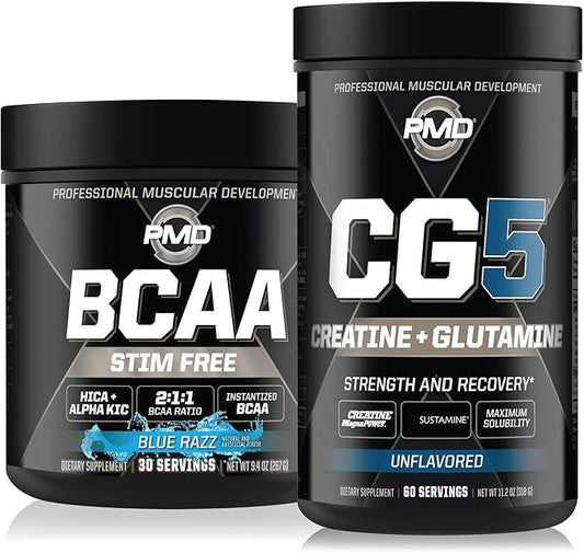 PMD Sports CG5 - Premium Creatine and L-Glutamine Powder (60 Servings) & PMD Sports BCAA Stim Free Amino Acids for Enhanced Recovery – Blue Razz (30 Servings)